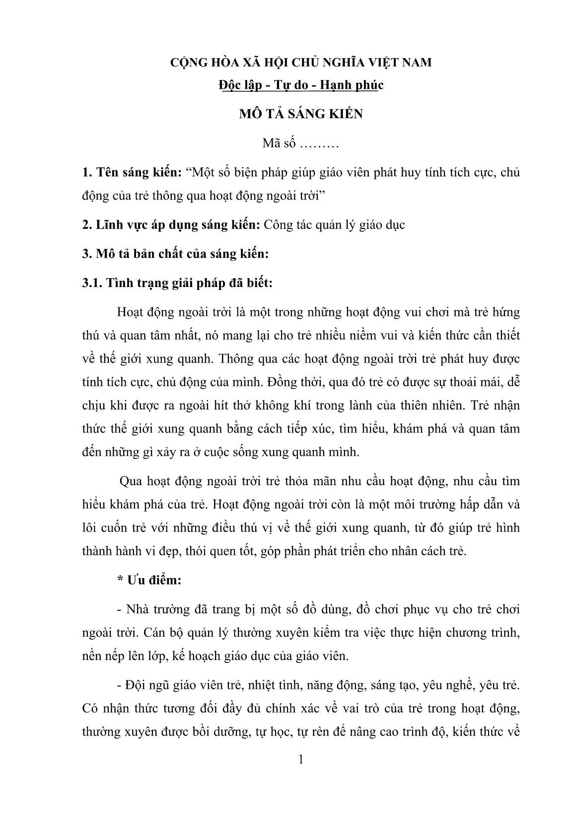 SKKN Một số biện pháp giúp giáo viên phát huy tính tích cực, chủ động của trẻ thông qua hoạt động ngoài trời trang 1