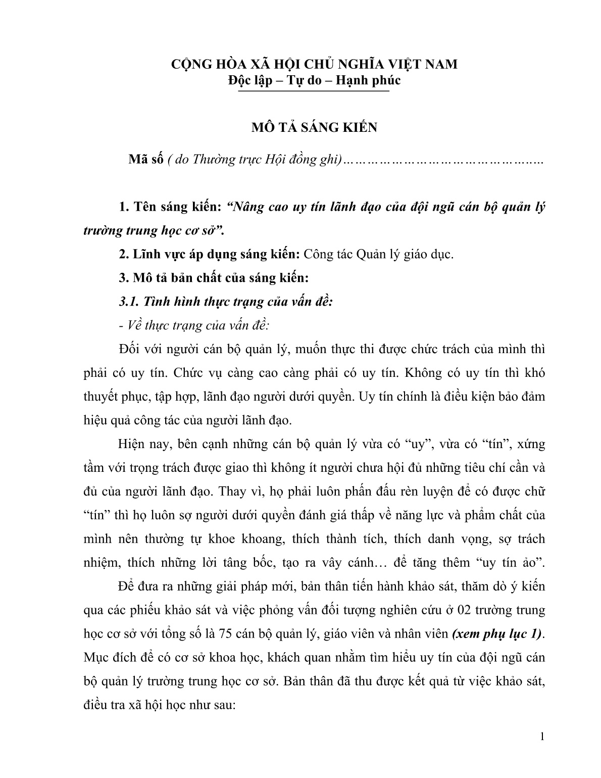 Sáng kiến kinh nghiệm Nâng cao uy tín lãnh đạo của đội ngũ cán bộ quản lý Trường Trung học cơ sở trang 1