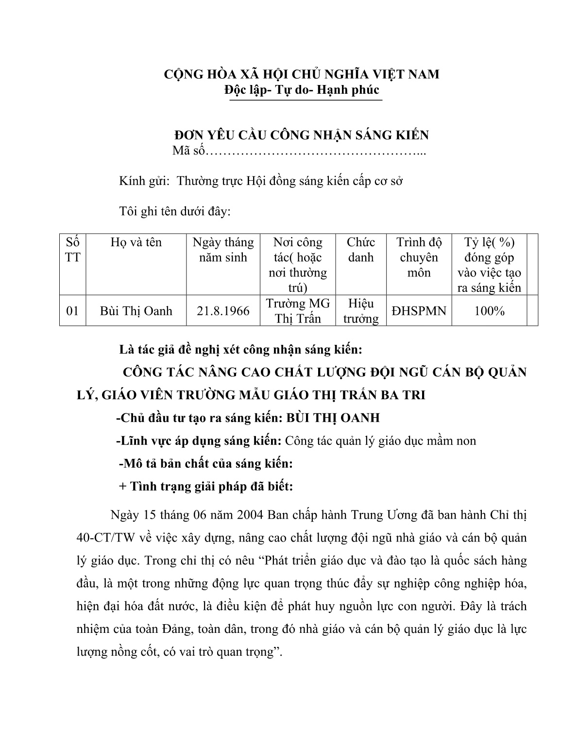 SKKN Công tác nâng cao chất lượng đội ngũ cán bộ quản lý, giáo viên Trường Mẫu giáo thị trấn Ba Tri trang 1