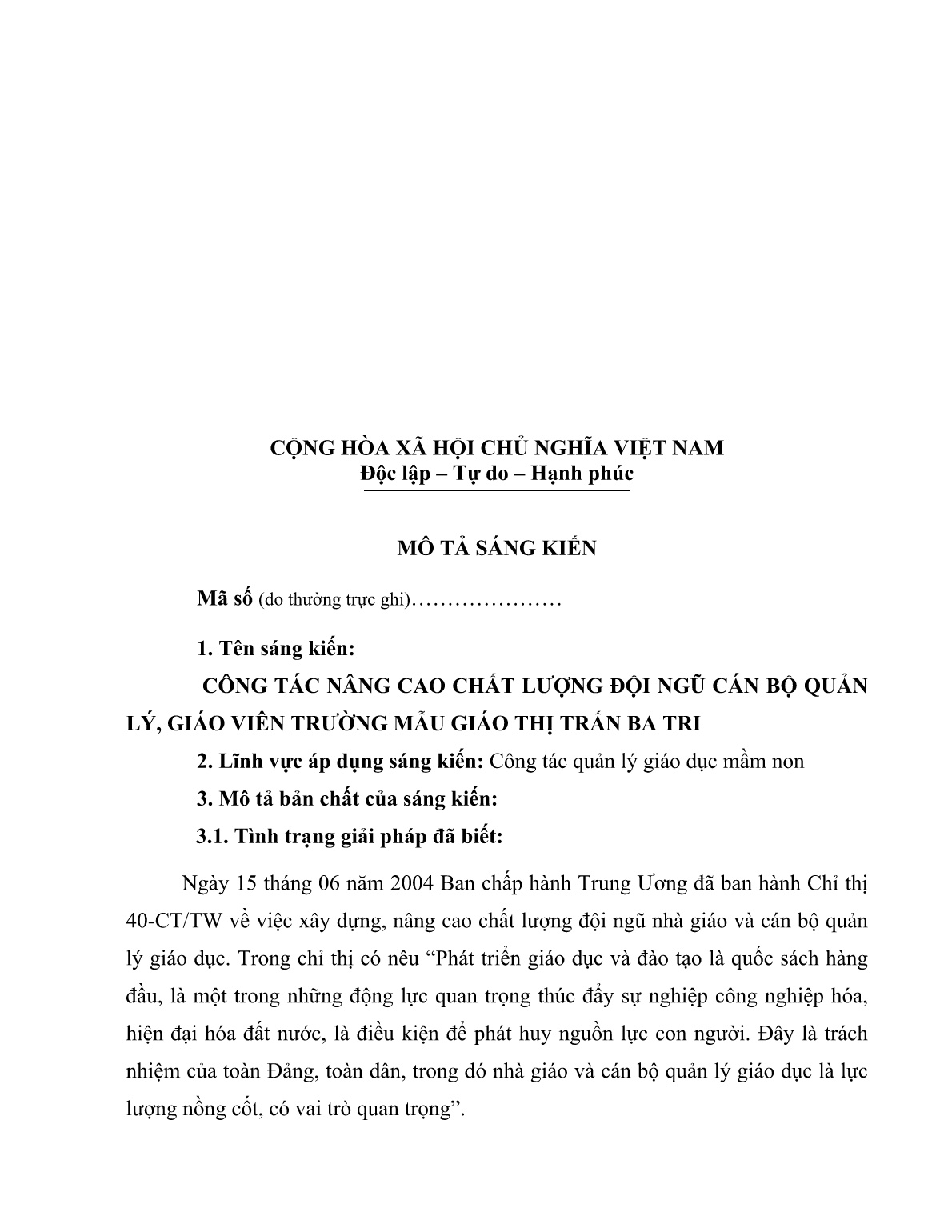 SKKN Công tác nâng cao chất lượng đội ngũ cán bộ quản lý, giáo viên Trường Mẫu giáo thị trấn Ba Tri trang 9