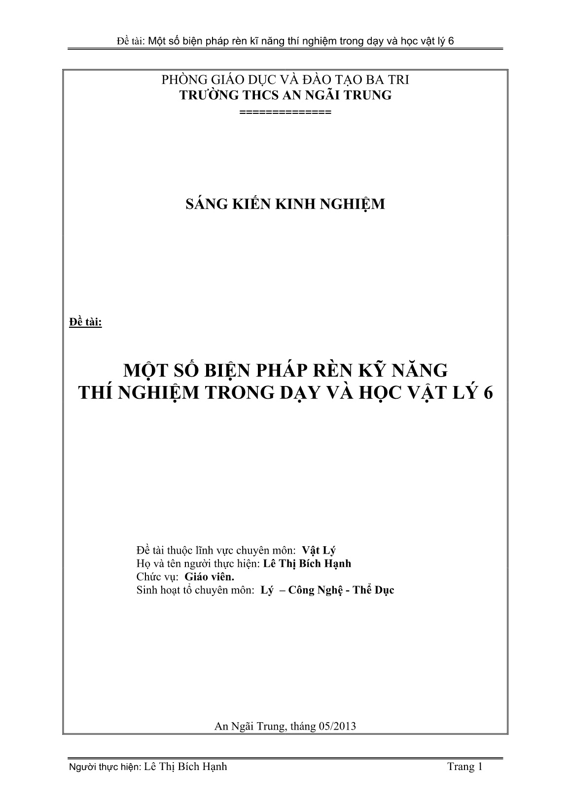 Sáng kiến kinh nghiệm Một số biện pháp rèn kỹ năng thí nghiệm trong dạy và học Vật lý 6 trang 1