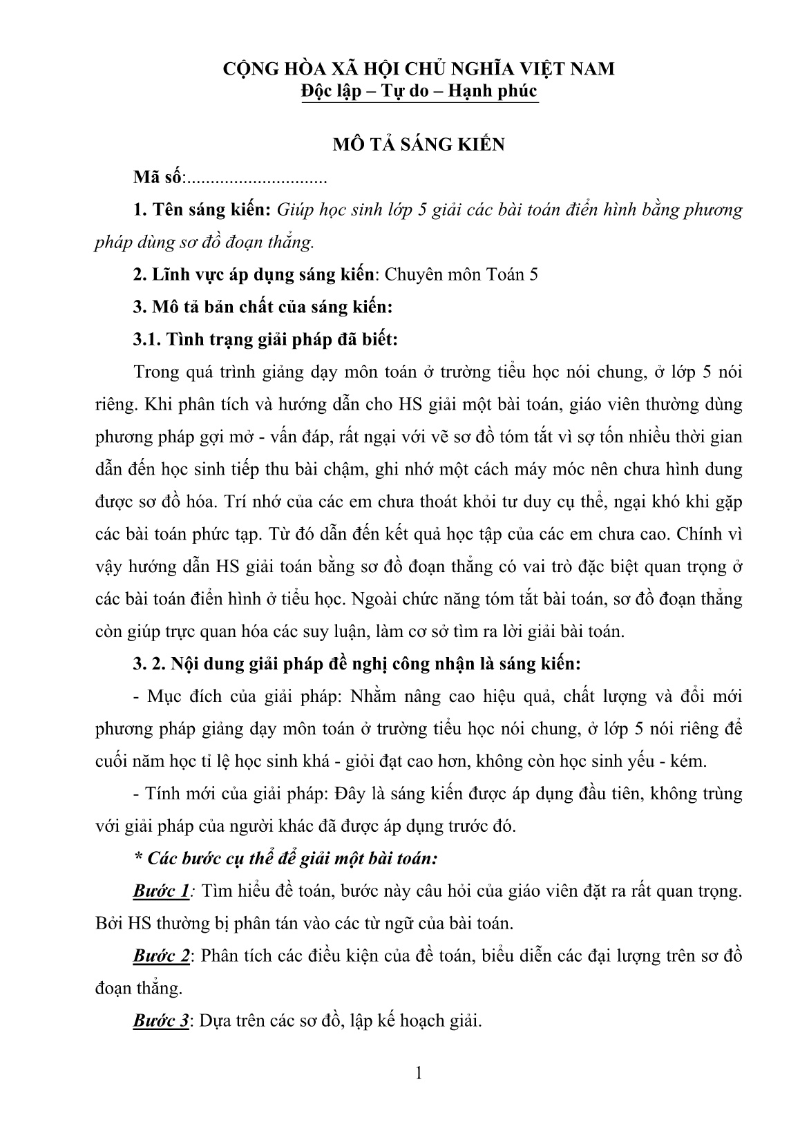 Sáng kiến kinh nghiệm Giúp học sinh Lớp 5 giải các bài toán điển hình bằng phương pháp dùng sơ đồ đoạn thẳng trang 1