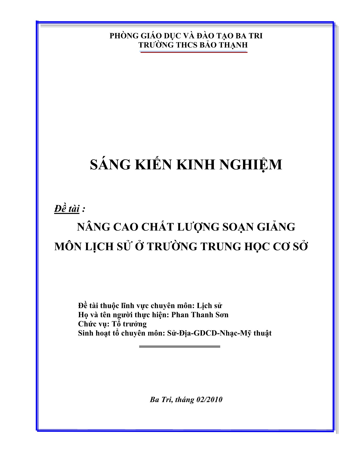 Sáng kiến kinh nghiệm Nâng cao chất lượng soạn giảng môn Lịch sử ở Trường Trung học cơ sở trang 1