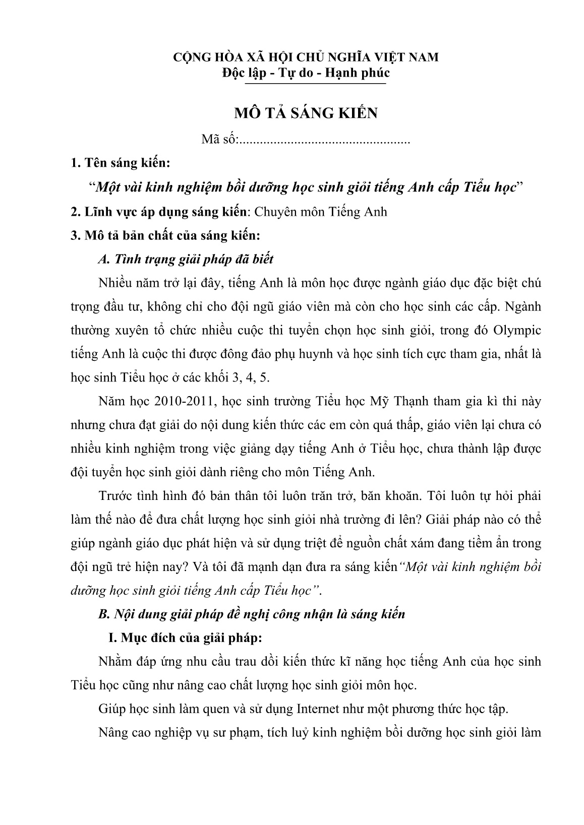 Sáng kiến kinh nghiệm Một vài kinh nghiệm bồi dưỡng học sinh giỏi tiếng Anh cấp Tiểu học trang 1