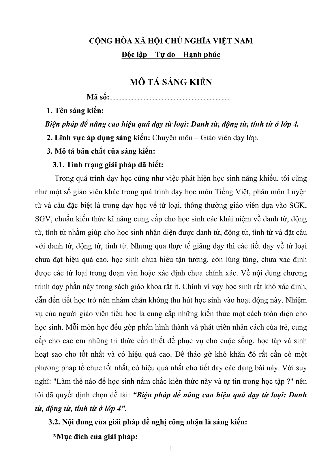 Sáng kiến kinh nghiệm Biện pháp để nâng cao hiệu quả dạy từ loại: Danh từ, Động từ, Tính từ ở Lớp 4 trang 1