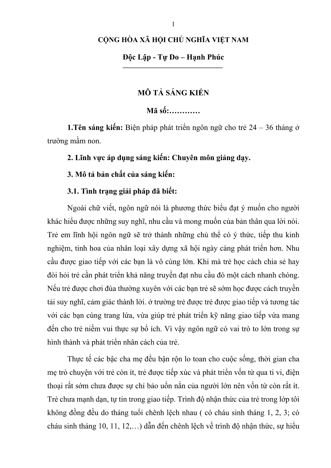 Sáng kiến kinh nghiệm Biện pháp phát triển ngôn ngữ cho trẻ 24 – 36 tháng ở Trường Mầm non trang 1