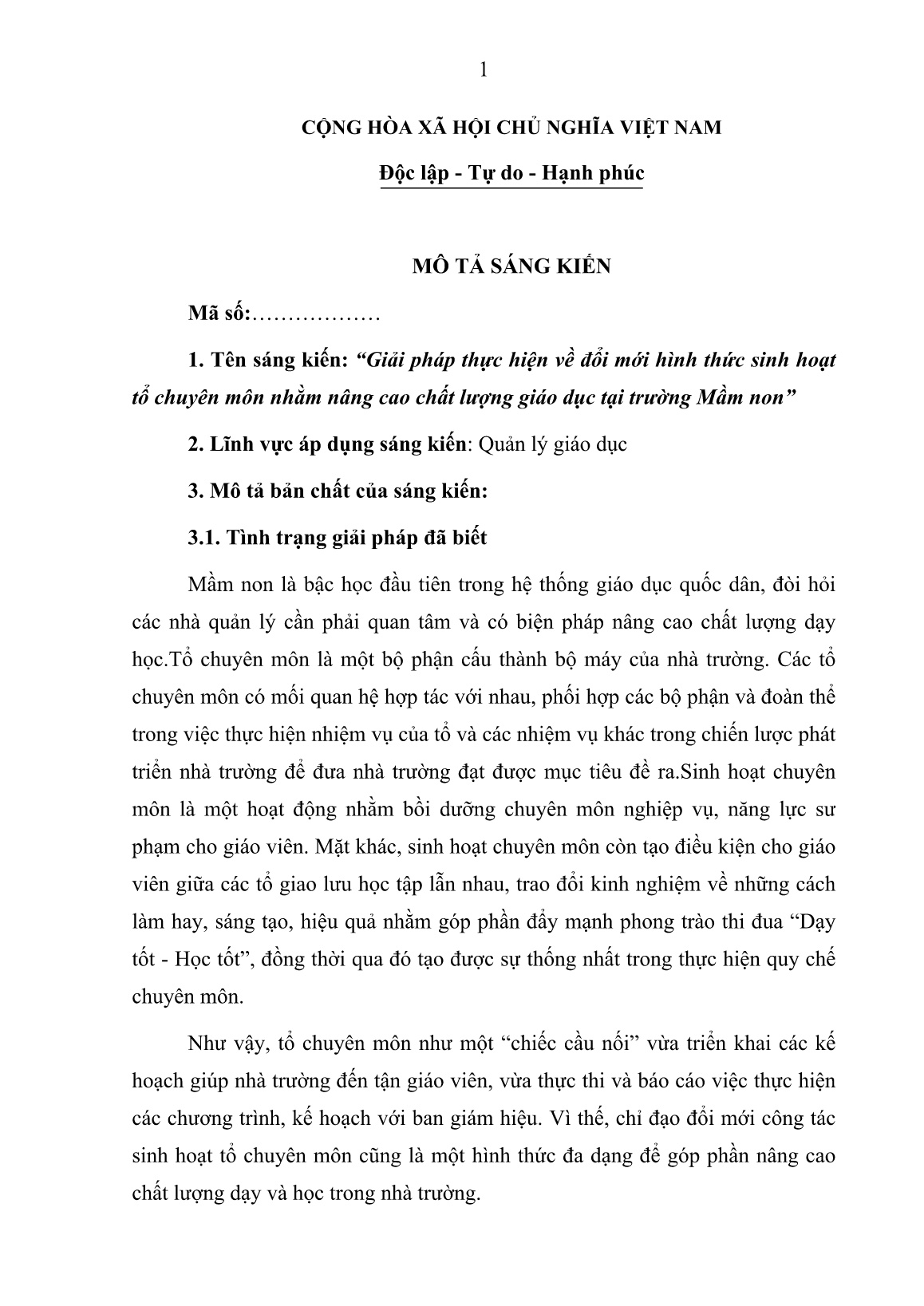 SKKN Giải pháp thực hiện về đổi mới hình thức sinh hoạt tổ chuyên môn nhằm nâng cao chất lượng giáo dục tại trường Mầm non trang 1