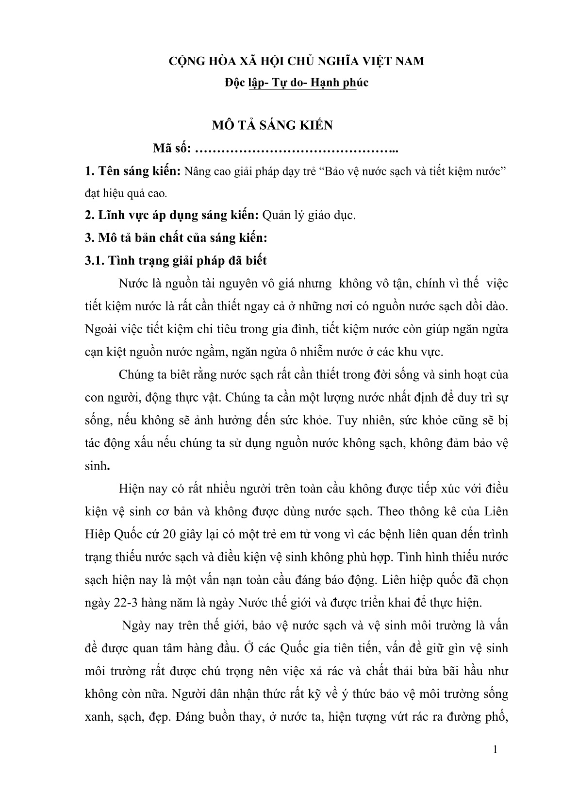 Sáng kiến kinh nghiệm Nâng cao giải pháp dạy trẻ “Bảo vệ nước sạch và tiết kiệm nước” đạt hiệu quả cao trang 1