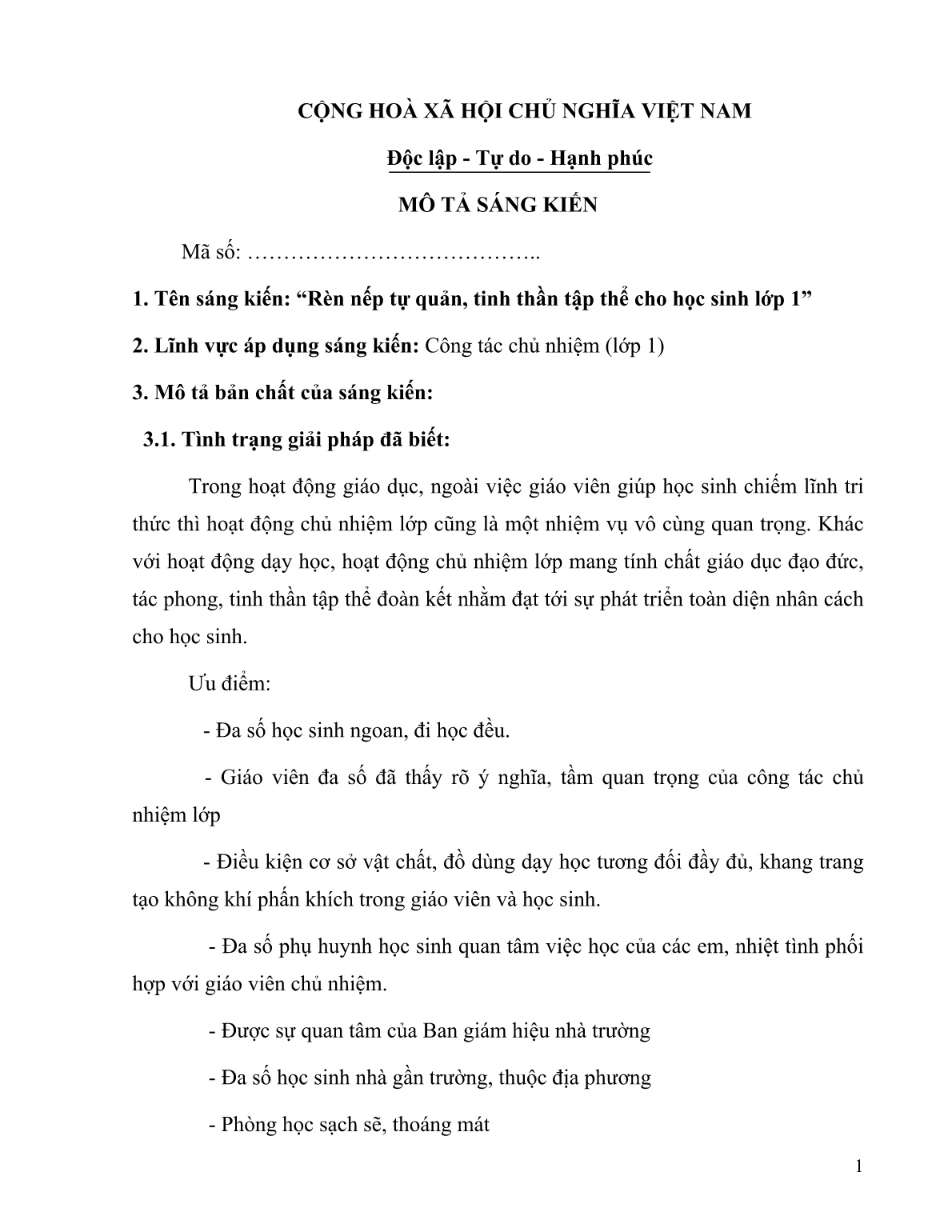 Sáng kiến kinh nghiệm Rèn nếp tự quản, tinh thần tập thể cho học sinh Lớp 1 trang 1