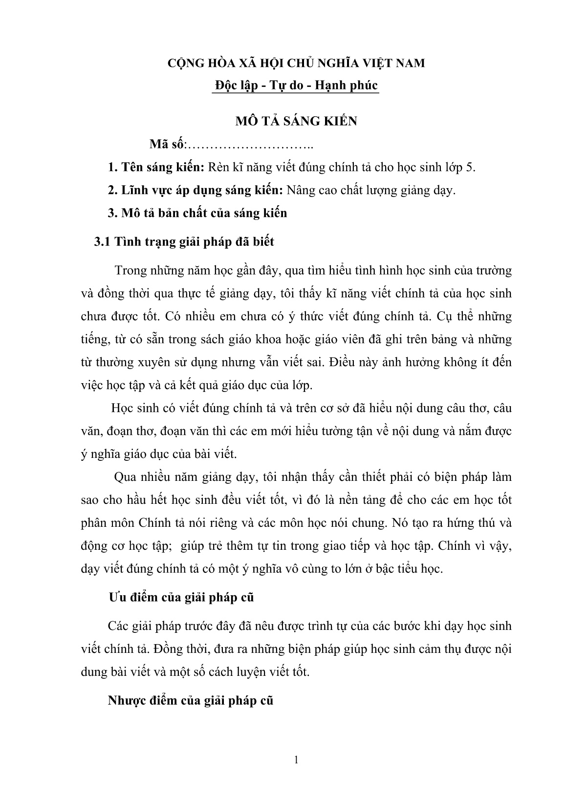 Sáng kiến kinh nghiệm Rèn kĩ năng viết đúng chính tả cho học sinh Lớp 5 trang 1