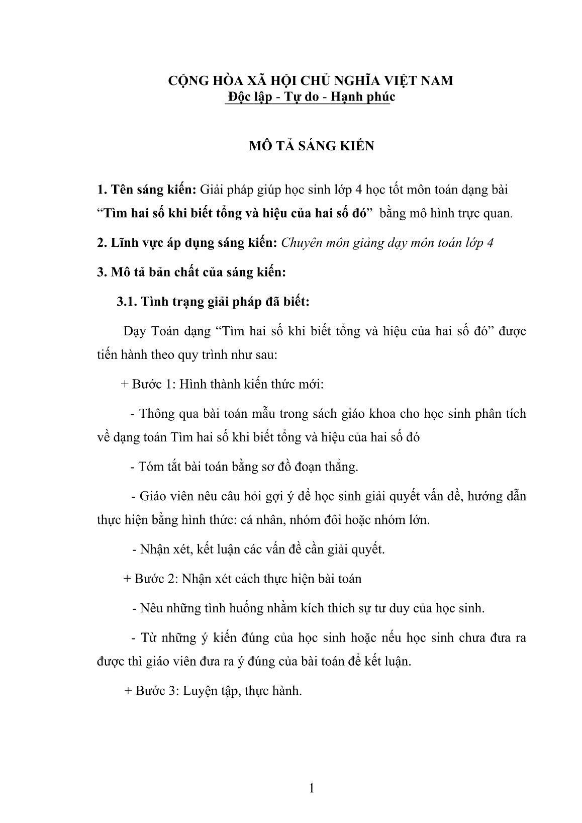 SKKN Giải pháp giúp học sinh Lớp 4 học tốt môn toán dạng bài “Tìm hai số khi biết tổng và hiệu của hai số đó” bằng mô hình trực quan trang 1