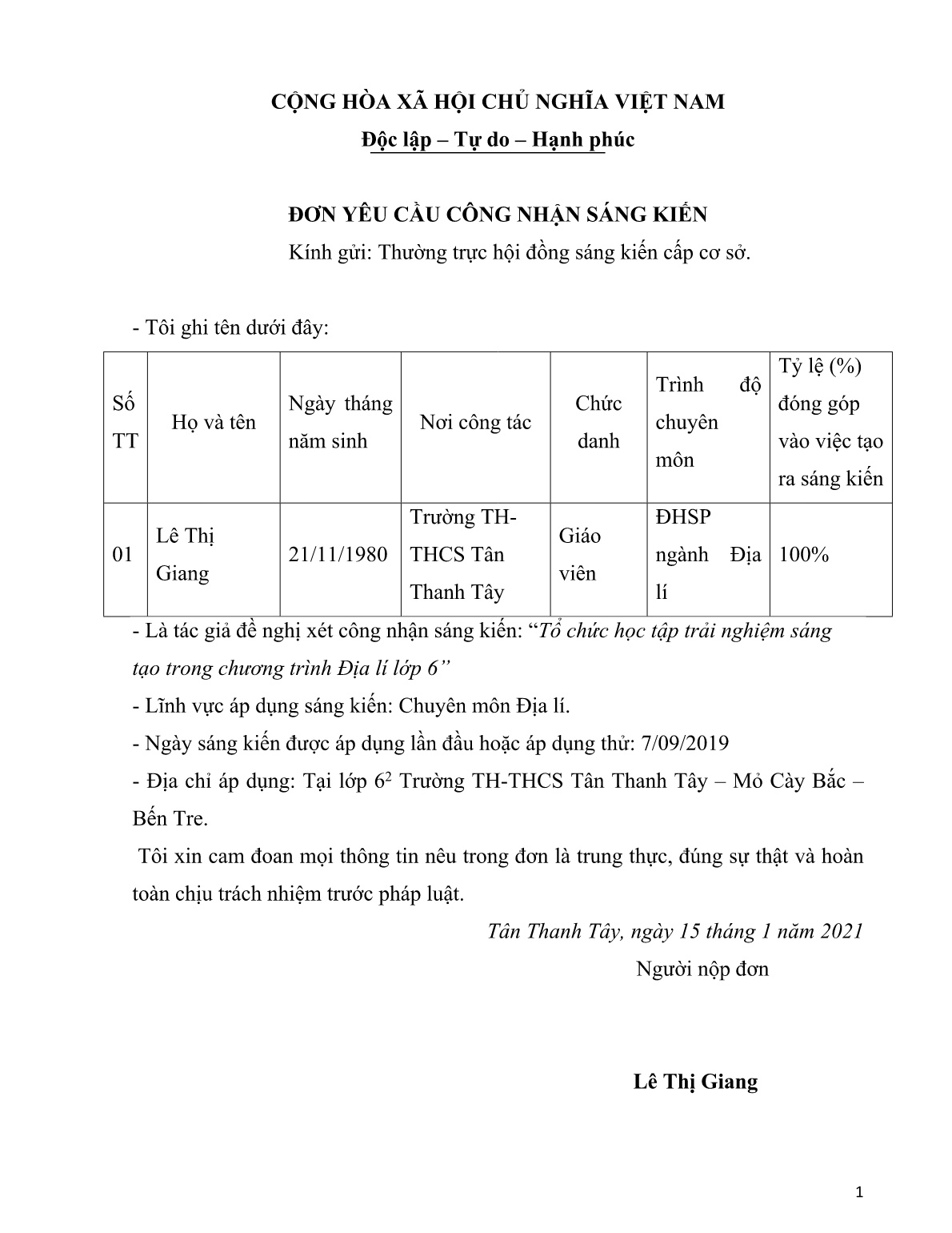 Sáng kiến kinh nghiệm Tổ chức học tập trải nghiệm sáng tạo trong chương trình Địa lí Lớp 6 trang 1