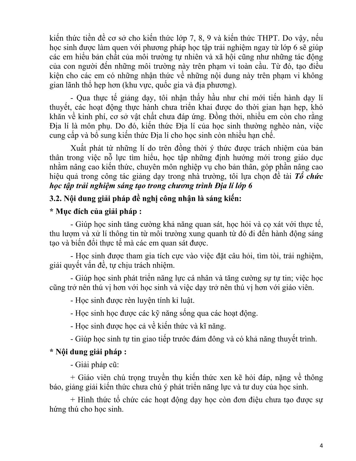 Sáng kiến kinh nghiệm Tổ chức học tập trải nghiệm sáng tạo trong chương trình Địa lí Lớp 6 trang 4