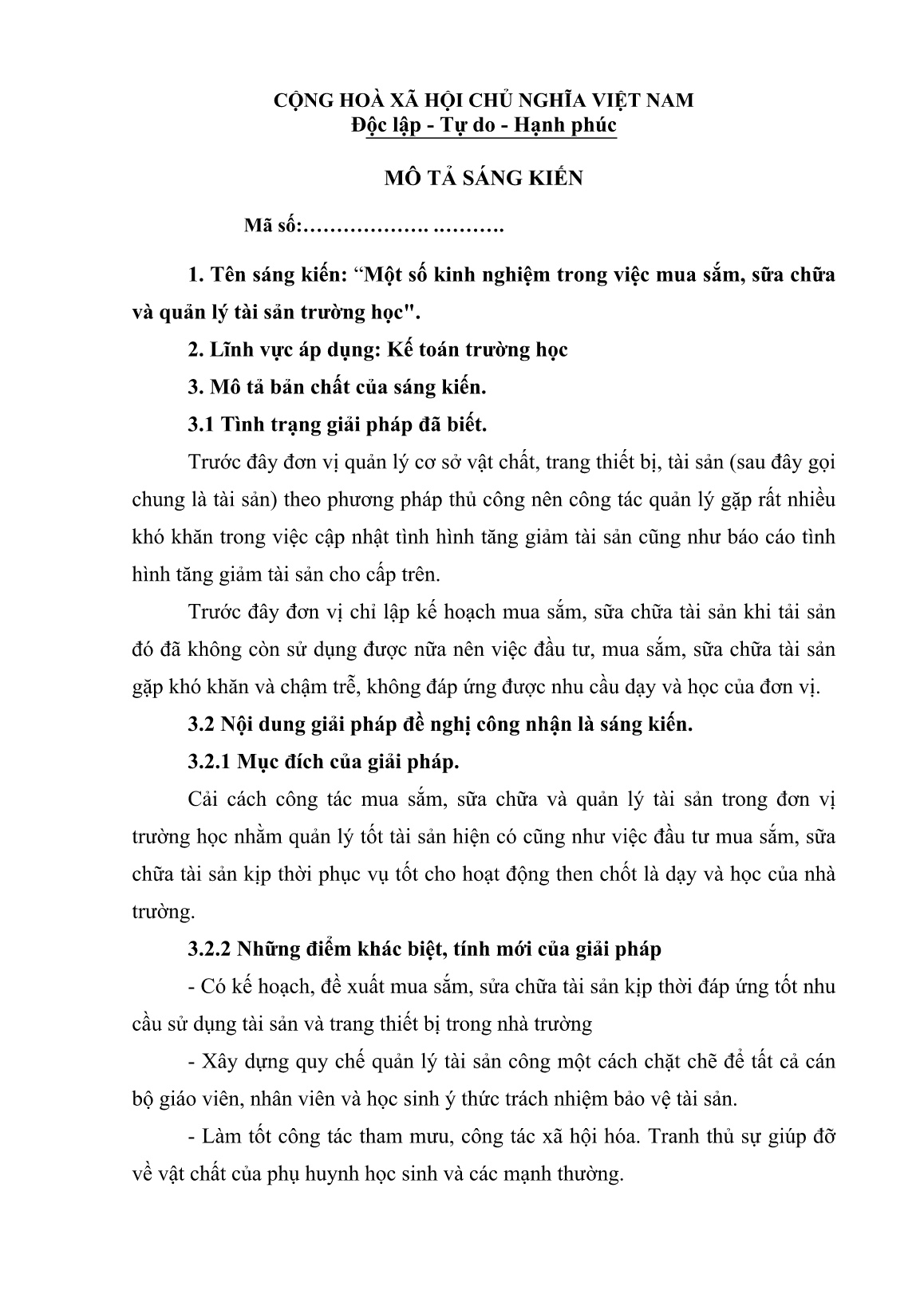 Sáng kiến kinh nghiệm Một số kinh nghiệm trong việc mua sắm, sữa chữa và quản lý tài sản trường học trang 1