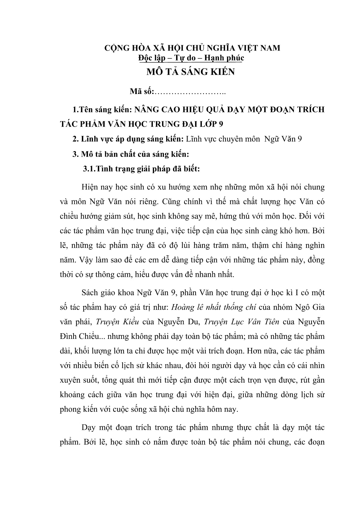 Sáng kiến kinh nghiệm Nâng cao hiệu quả dạy một đoạn trích tác phẩm Văn học Trung đại Lớp 9 trang 1