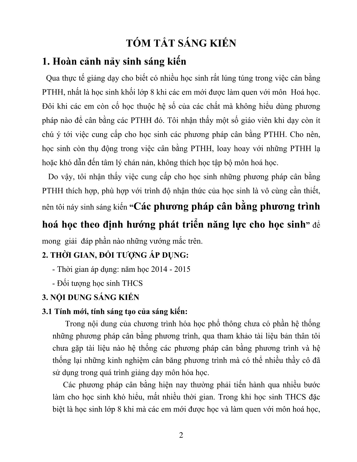 SKKN Các phương pháp cân bằng phương trình hoá học theo định hướng phát triển năng lực cho học sinh trang 2