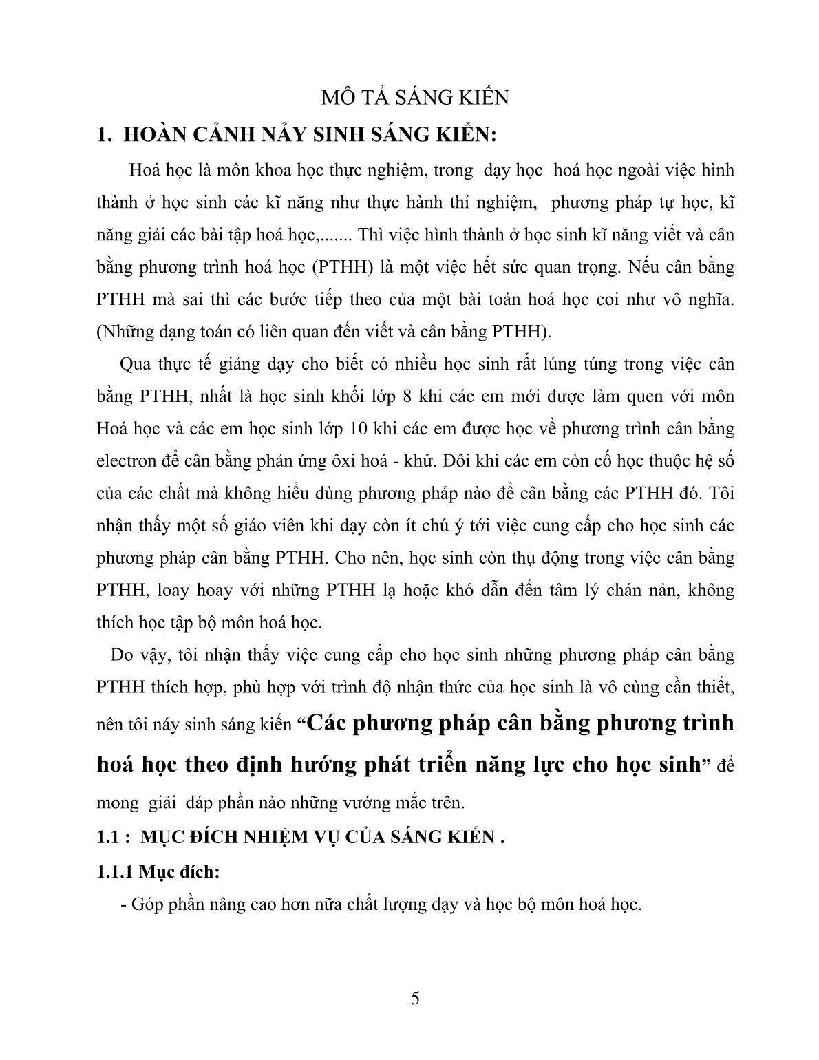 SKKN Các phương pháp cân bằng phương trình hoá học theo định hướng phát triển năng lực cho học sinh trang 5