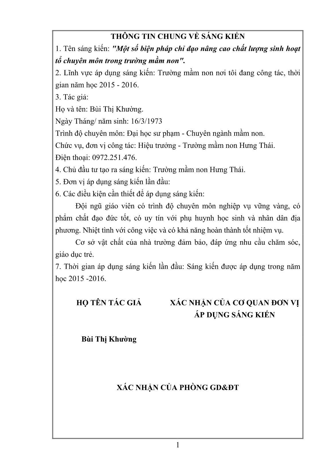 Sáng kiến kinh nghiệm Một số biện pháp chỉ đạo nâng cao chất lượng sinh hoạt tổ chuyên môn trong Trường Mầm non trang 1