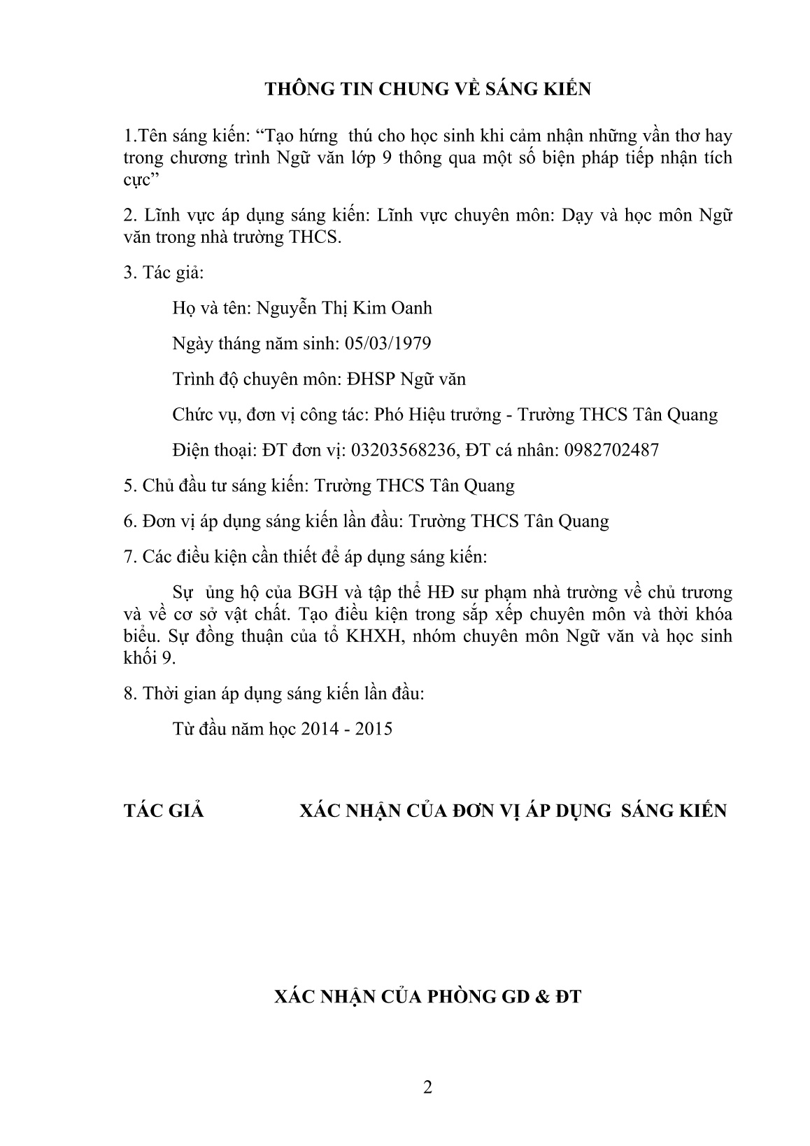 SKKN Tạo hứng thú cho học sinh khi cảm nhận những vần thơ hay trong chương trình Ngữ văn Lớp 9 thông qua một số biện pháp tiếp nhận tích cực trang 2