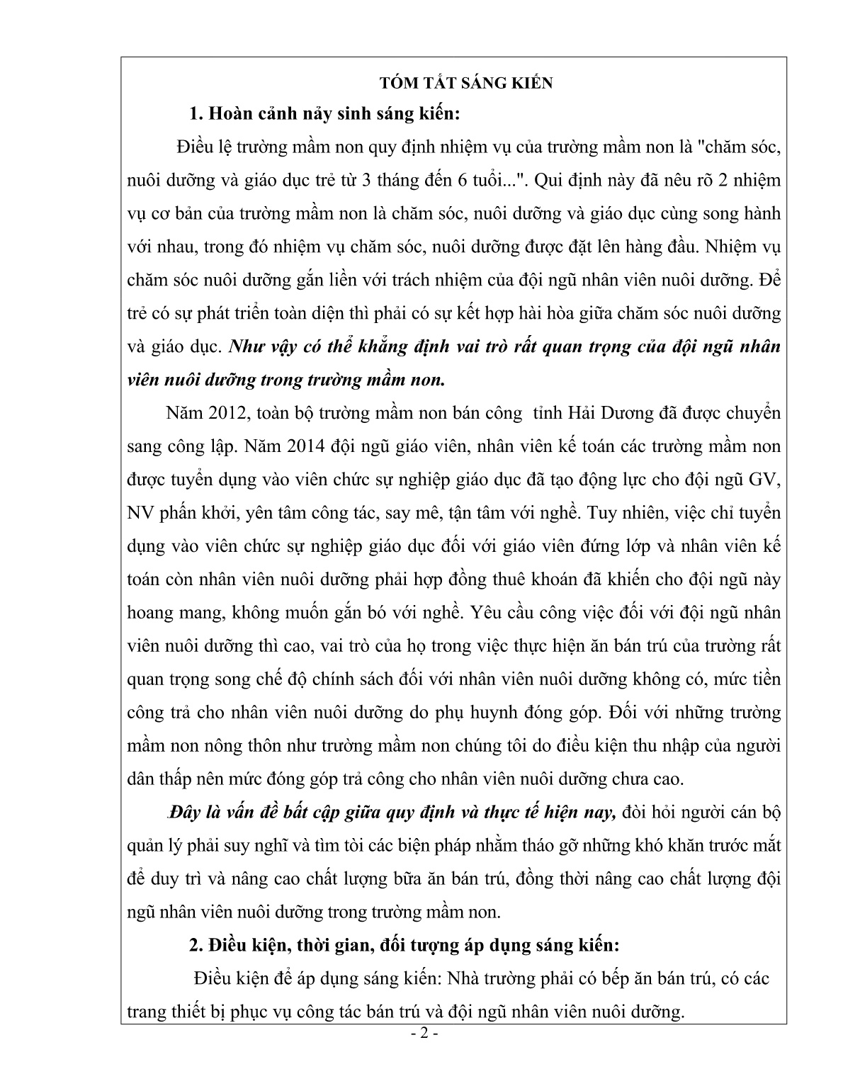 SKKN Biện pháp giải quyết bất cập nhằm nâng cao đời sống cho đội ngũ nhân viên nuôi dưỡng trong Trường Mầm non trang 2