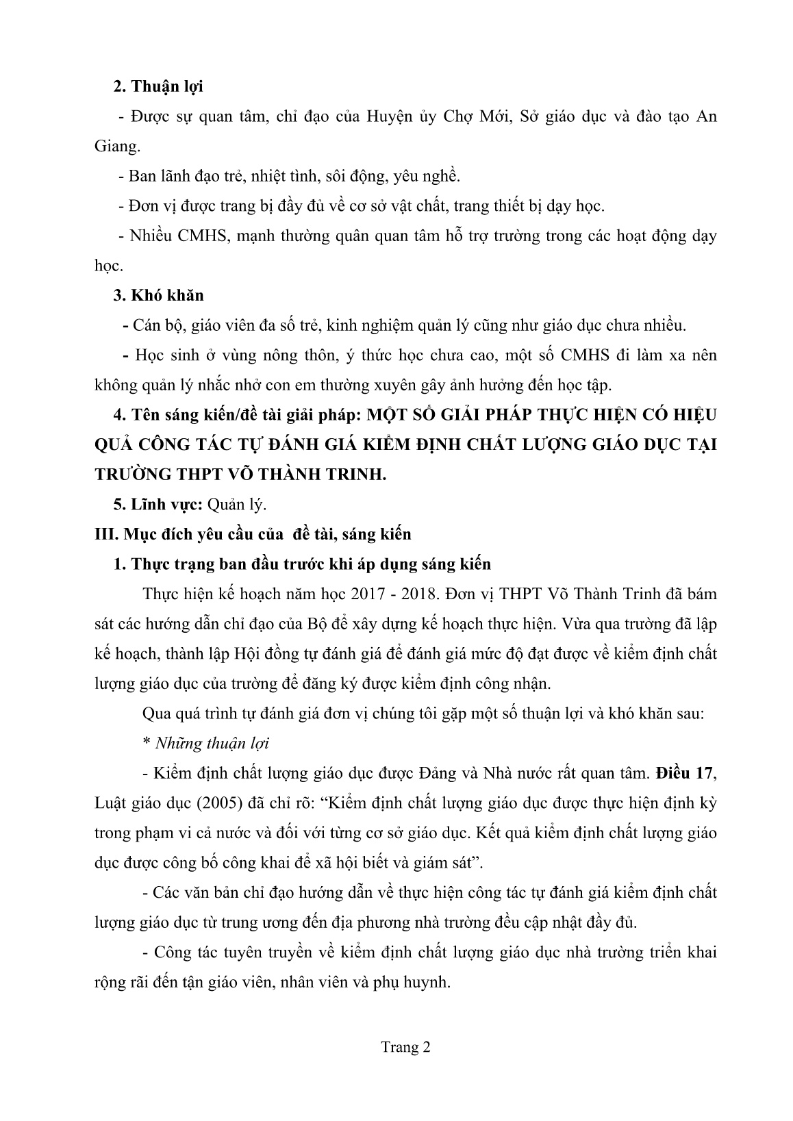 Sáng kiến kinh nghiệm Một số giải pháp thực hiện có hiệu quả công tác tự đánh giá kiểm định chất lượng giáo dục trường học tại Trường THPT Võ Thành Trinh trang 5