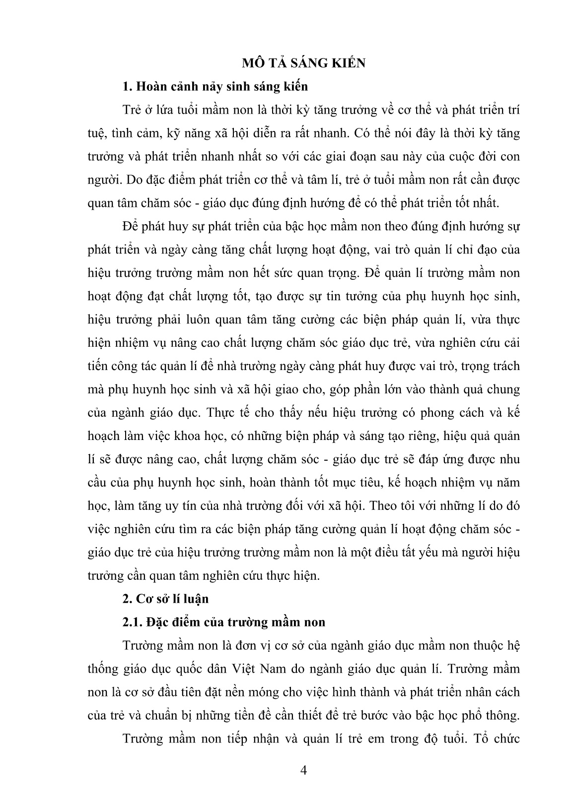 SKKN Các phương pháp tăng cường quản lí hoạt động chăm sóc - Giáo dục trẻ của hiệu trưởng Trường Mầm non trang 4