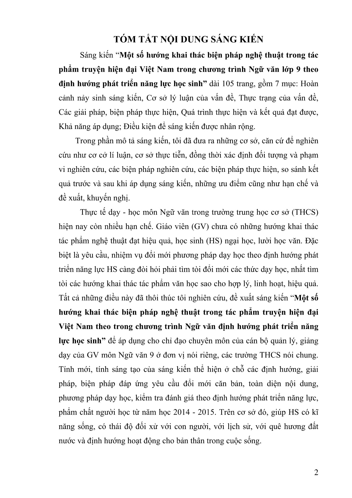 SKKN Một số hướng khai thác biện pháp nghệ thuật trong tác phẩm truyện hiện đại Việt Nam trong chương trình Ngữ văn lớp 9 theo định hướng phát triển năng lực học sinh trang 3