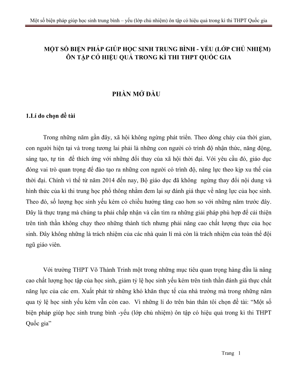 Sáng kiến kinh nghiệm Một số biện pháp giúp học sinh Trung bình - Yếu (Lớp chủ nhiệm) ôn tập có hiệu quả trong kì thi THPT Quốc gia trang 1