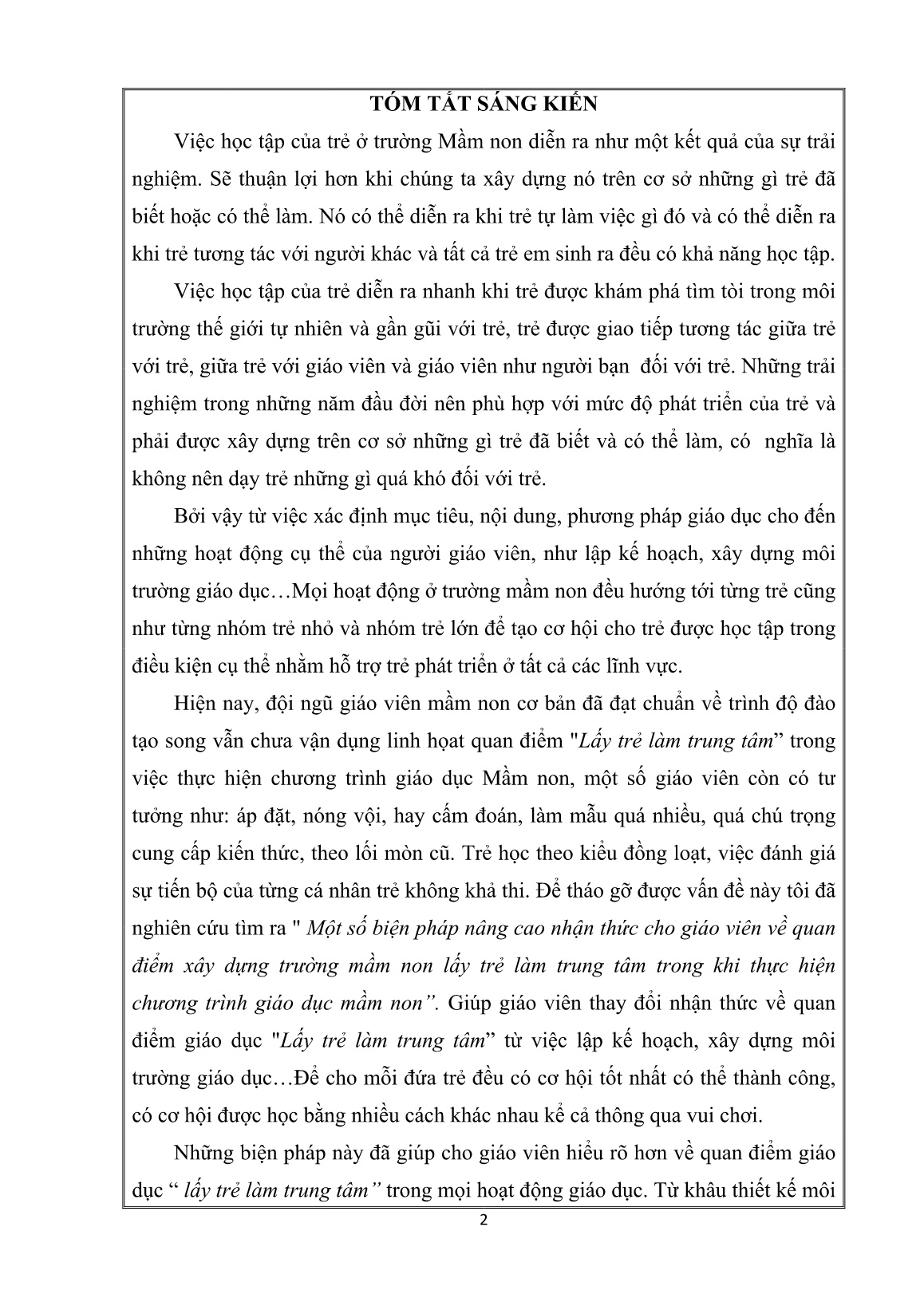 SKKN Một số biện pháp nâng cao nhận thức cho giáo viên về quan điểm xây dựng trường mầm non lấy trẻ làm trung tâm trong khi thực hiện chương trình giáo dục Mầm non trang 2