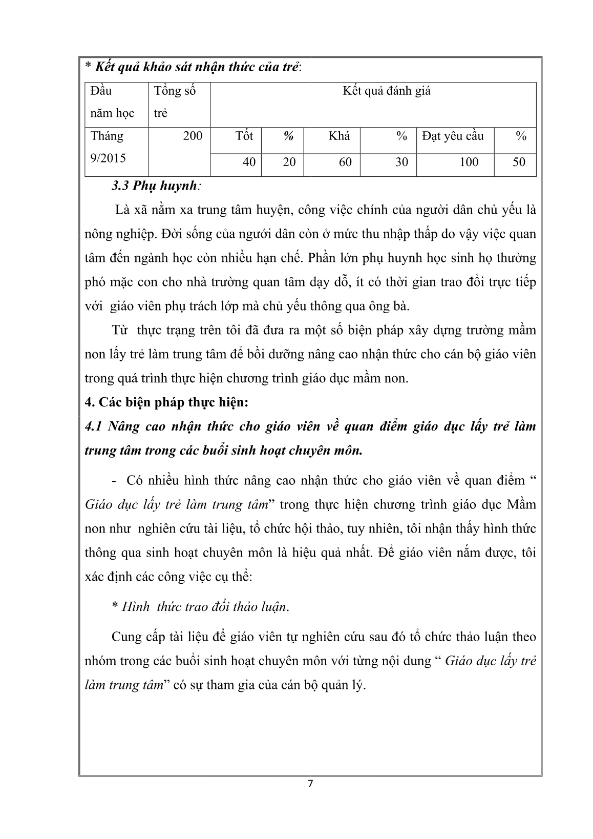 SKKN Một số biện pháp nâng cao nhận thức cho giáo viên về quan điểm xây dựng trường mầm non lấy trẻ làm trung tâm trong khi thực hiện chương trình giáo dục Mầm non trang 7