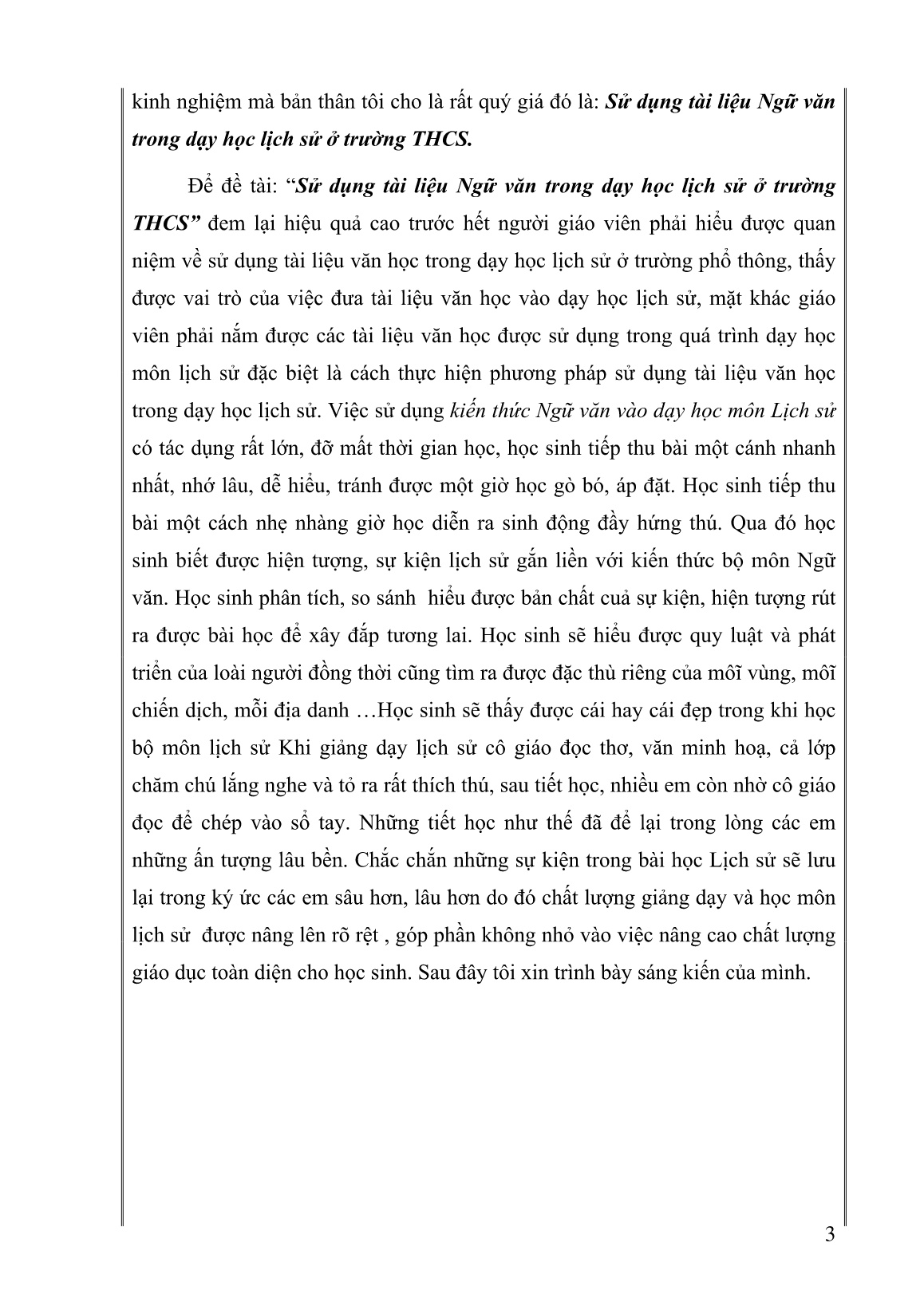 Sáng kiến kinh nghiệm Sử dụng tài liệu Ngữ văn trong dạy học Lịch sử ở Trường THCS trang 3