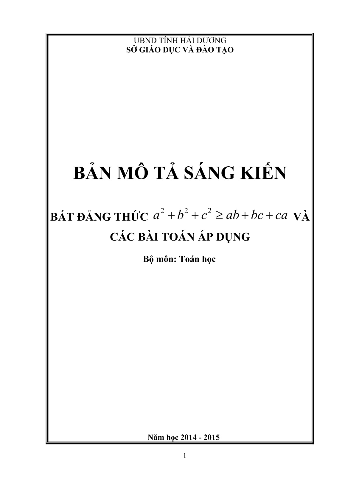 Sáng kiến kinh nghiệm Bất đẳng thức a² + b² + c² ≥ ab + bc + ca và các bài toán áp dụng trang 1