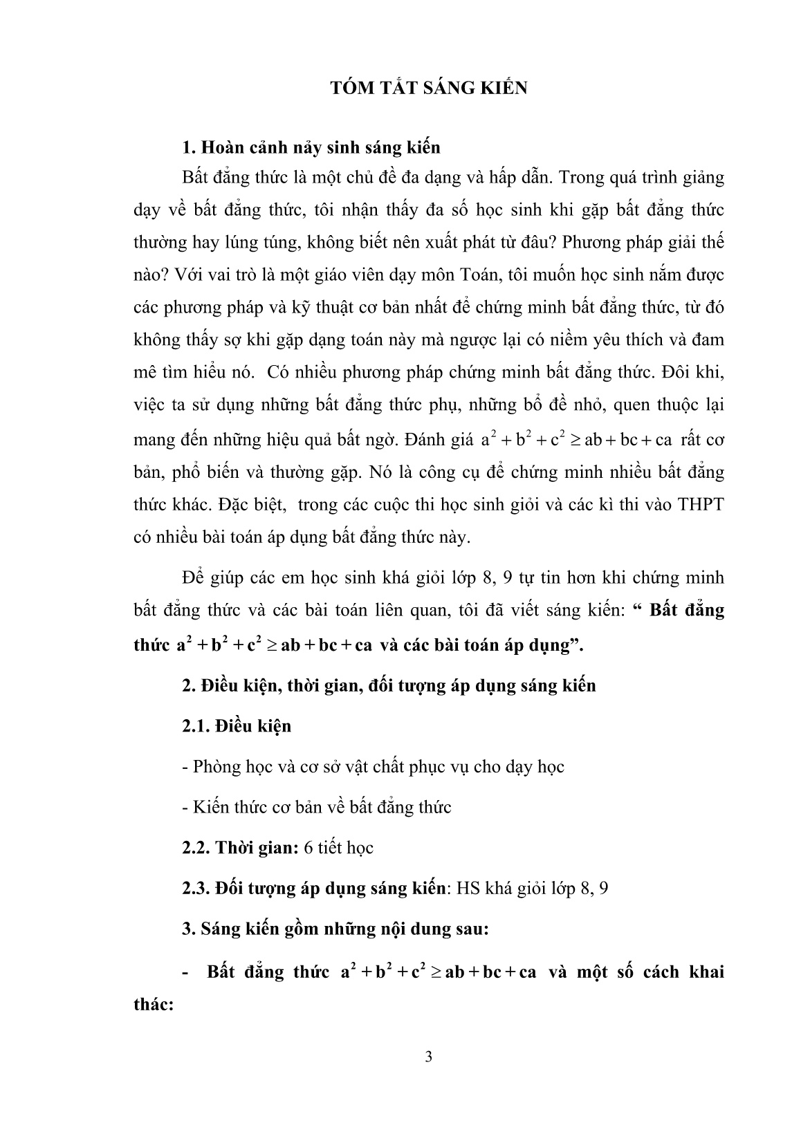 Sáng kiến kinh nghiệm Bất đẳng thức a² + b² + c² ≥ ab + bc + ca và các bài toán áp dụng trang 3