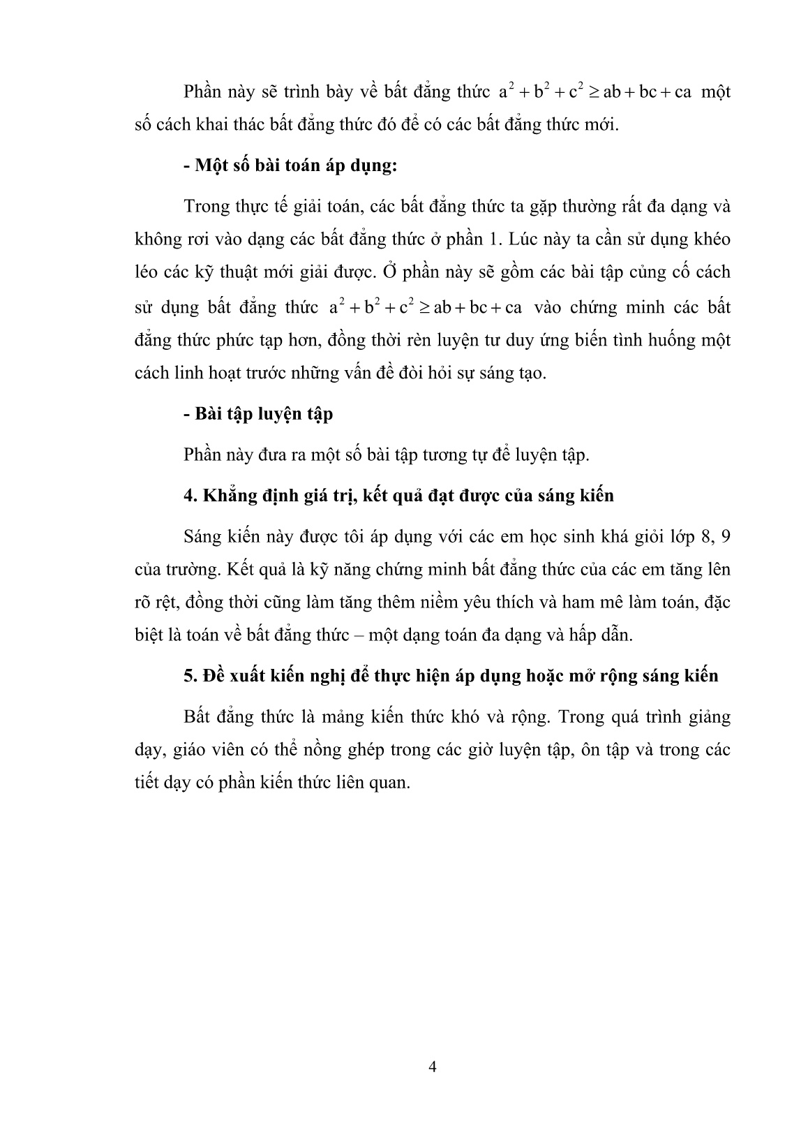Sáng kiến kinh nghiệm Bất đẳng thức a² + b² + c² ≥ ab + bc + ca và các bài toán áp dụng trang 4