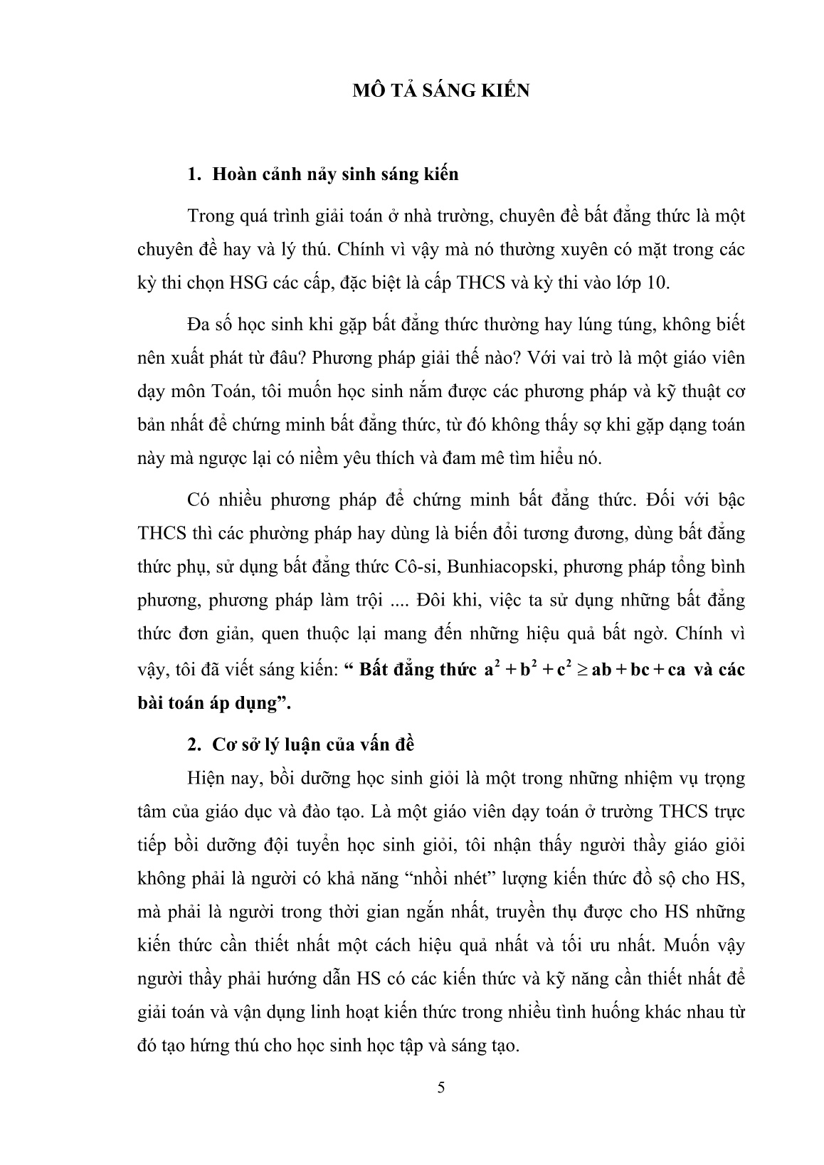 Sáng kiến kinh nghiệm Bất đẳng thức a² + b² + c² ≥ ab + bc + ca và các bài toán áp dụng trang 5