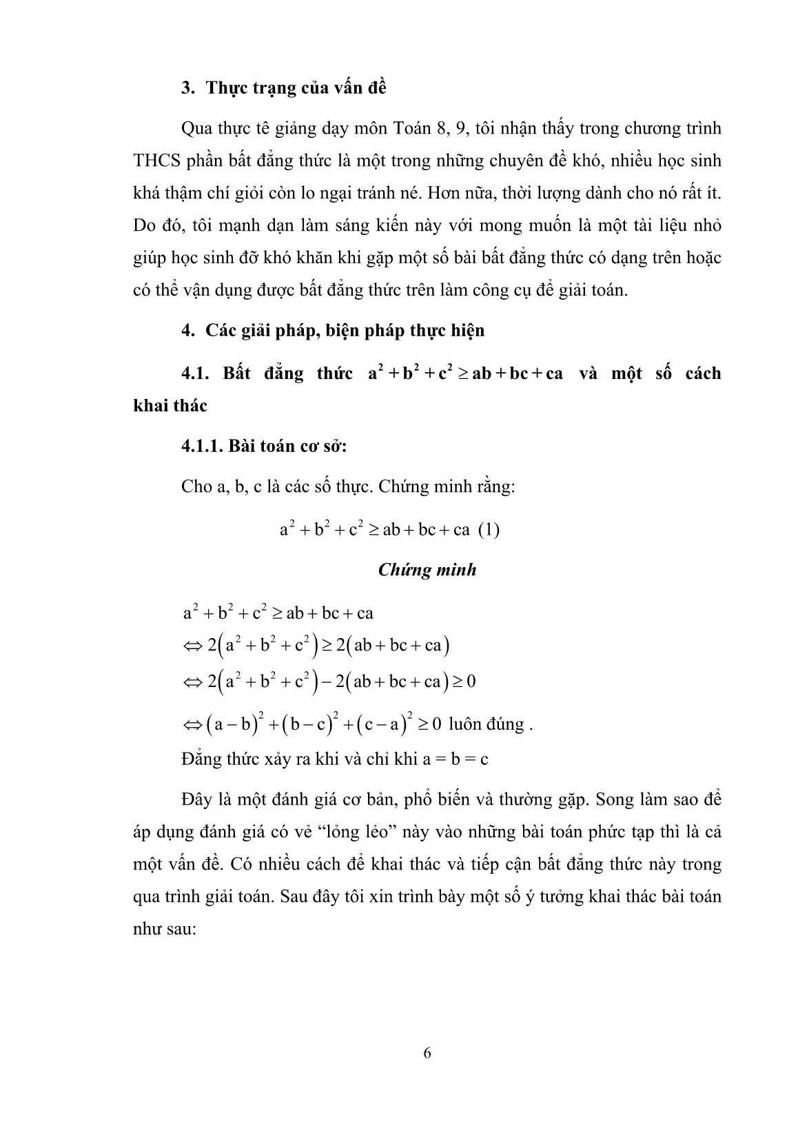 Sáng kiến kinh nghiệm Bất đẳng thức a² + b² + c² ≥ ab + bc + ca và các bài toán áp dụng trang 6