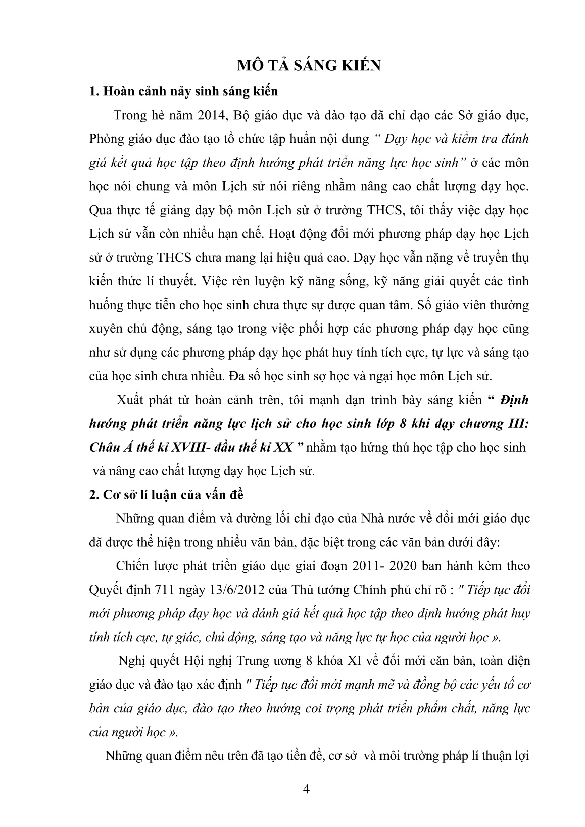 SKKN Định hướng phát triển năng lực Lịch sử cho học sinh Lớp 8 khi dạy chương III: Châu Á thế kỉ XVIII- đầu thế kỉ XX trang 4