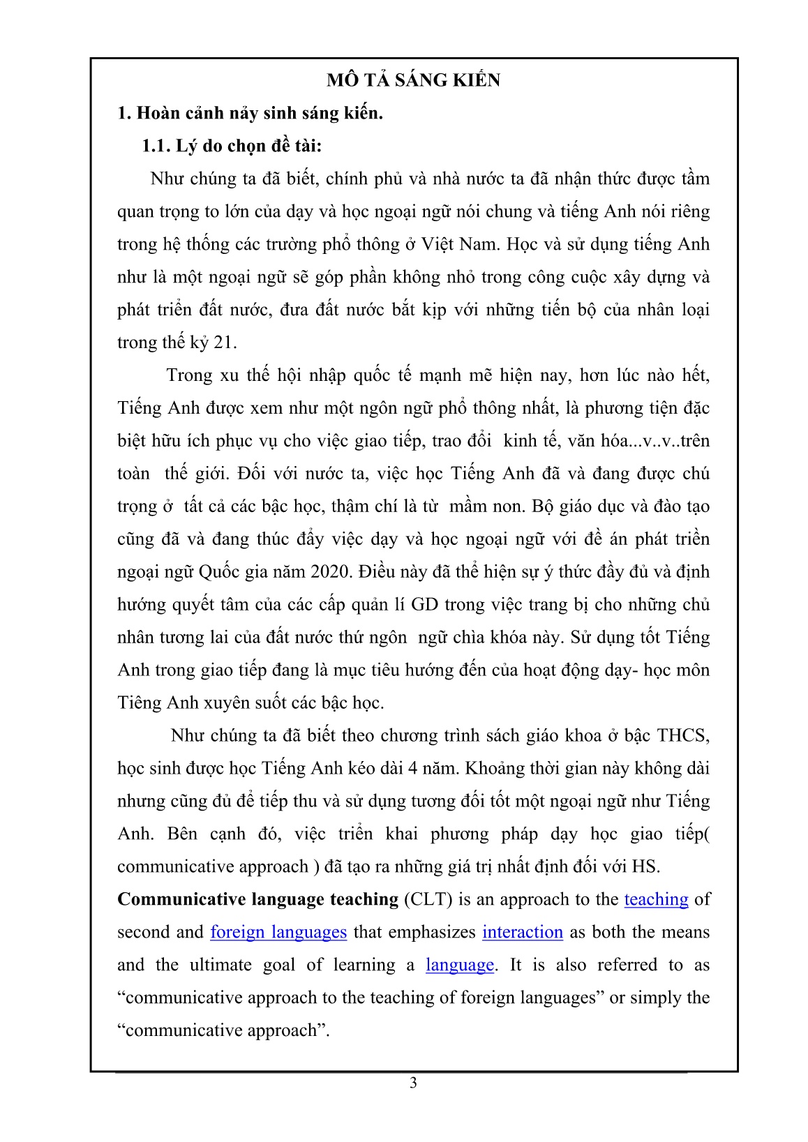 Sáng kiến kinh nghiệm Rèn kĩ năng nói Tiếng Anh cho học sinh Lớp 6 thí điểm và Lớp 6,7 trang 3