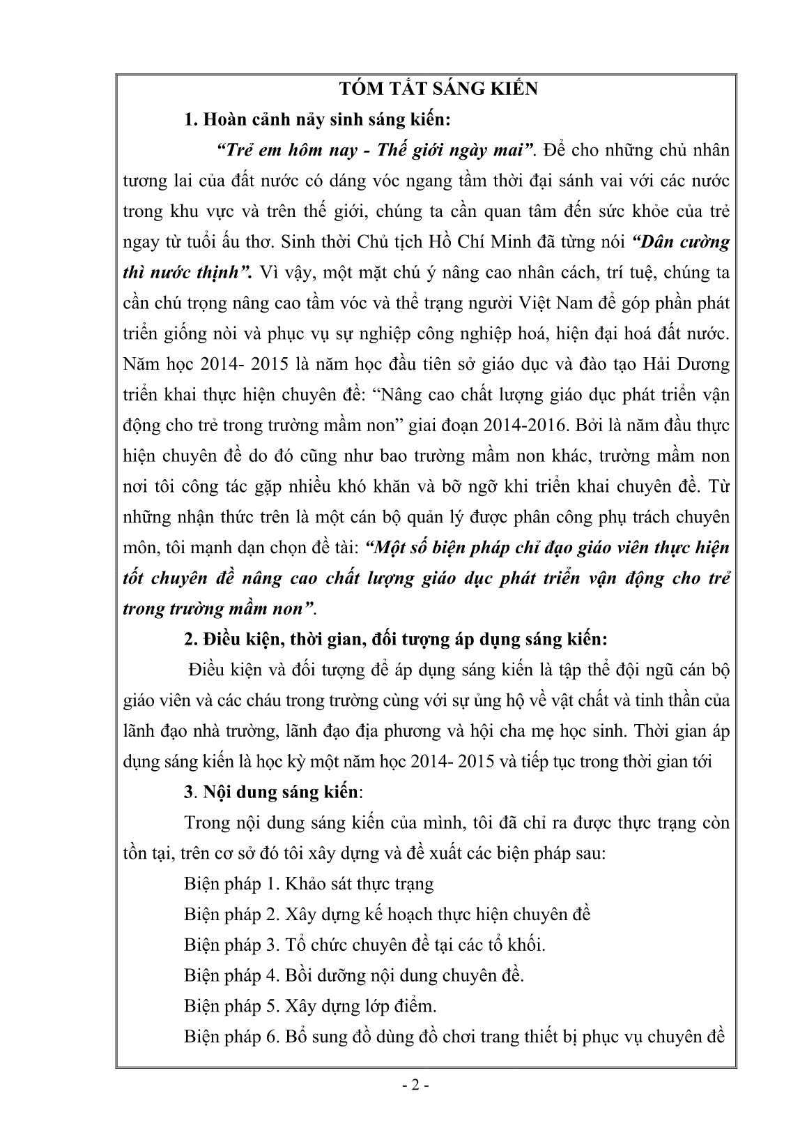 SKKN Một số biện pháp chỉ đạo giáo viên thực hiện tốt Chuyên đề nâng cao chất lượng giáo dục phát triển vận động cho trẻ trong Trường Mầm non trang 2