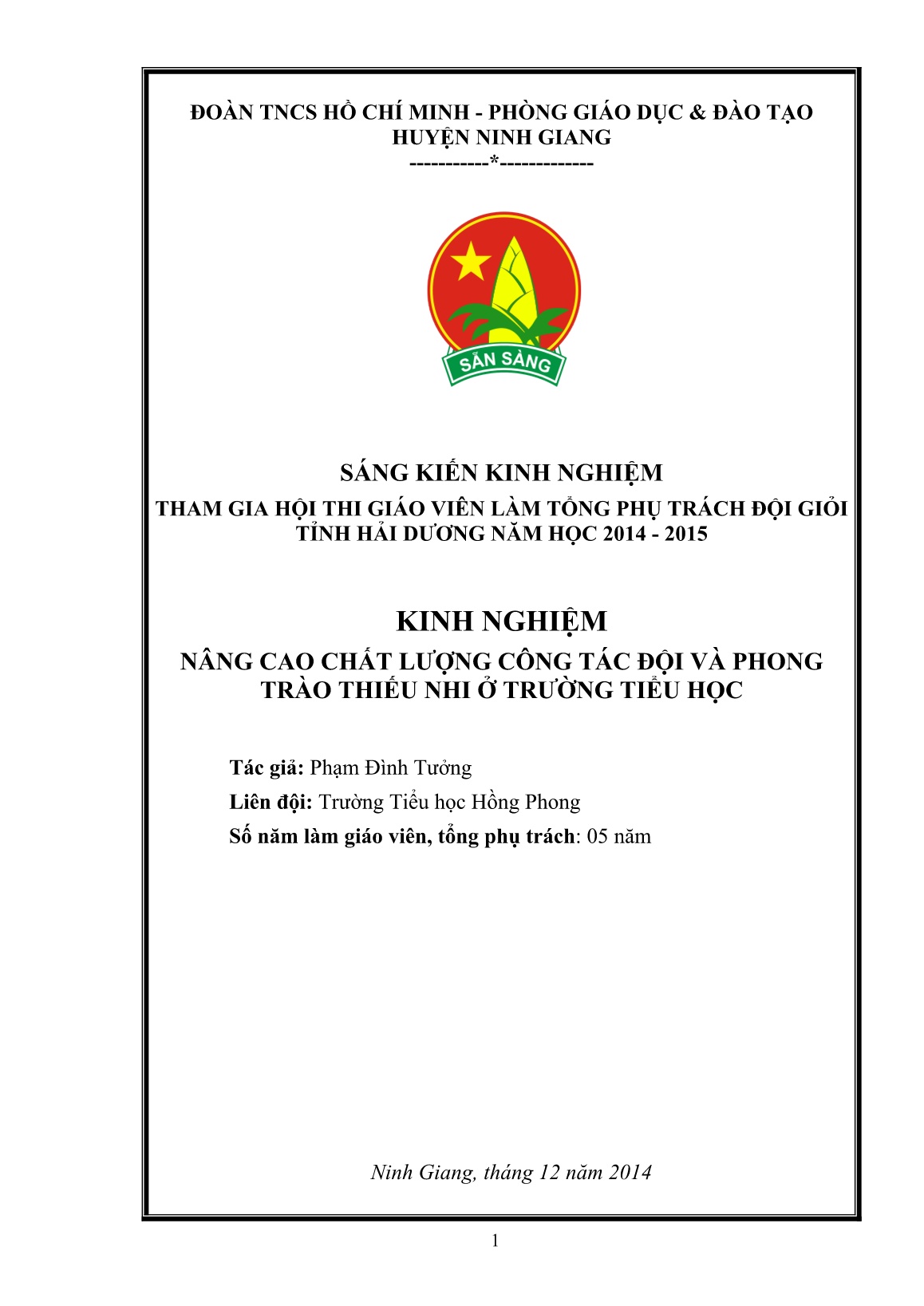 SKKN Một số kinh nghiệm nâng cao chất lượng công tác Đội - Phong trào thiếu nhi ở trường Tiểu học trang 1