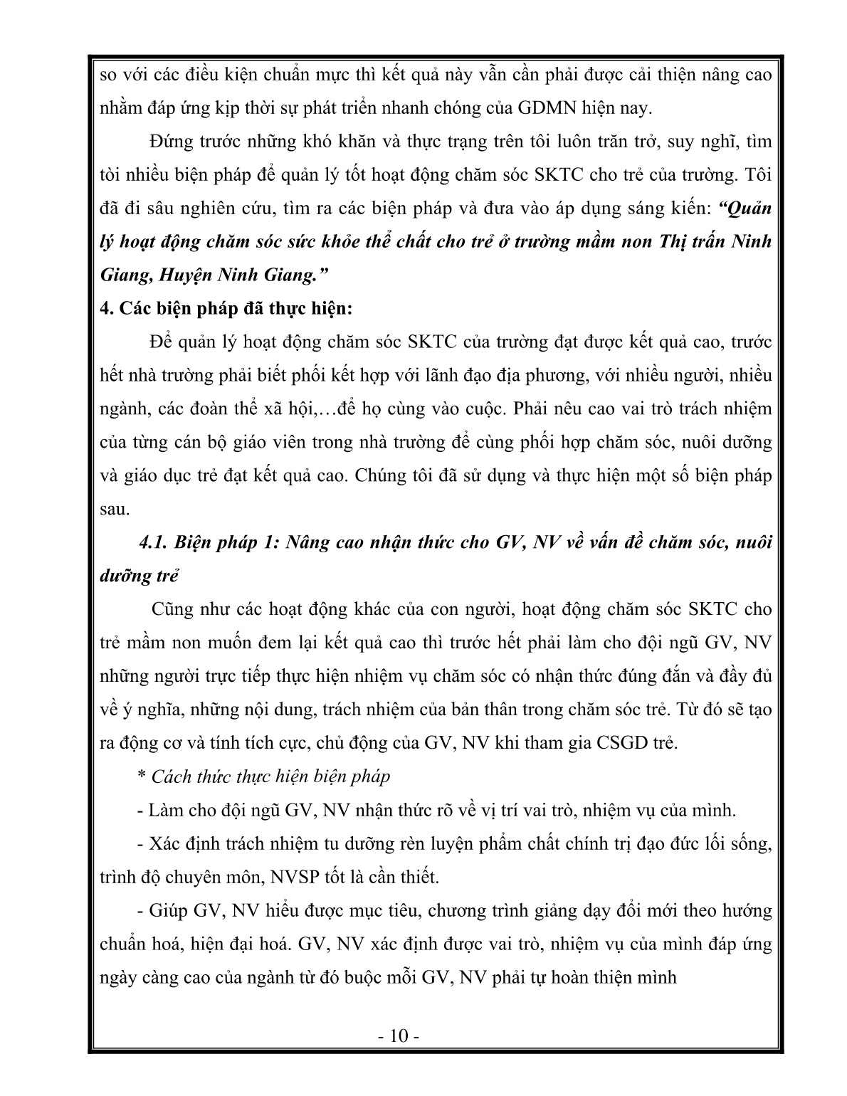 SKKN Quản lý hoạt động chăm sóc sức khỏe thể chất cho trẻ ở Trường Mầm non Thị trấn Ninh Giang huyện Ninh Giang trang 10