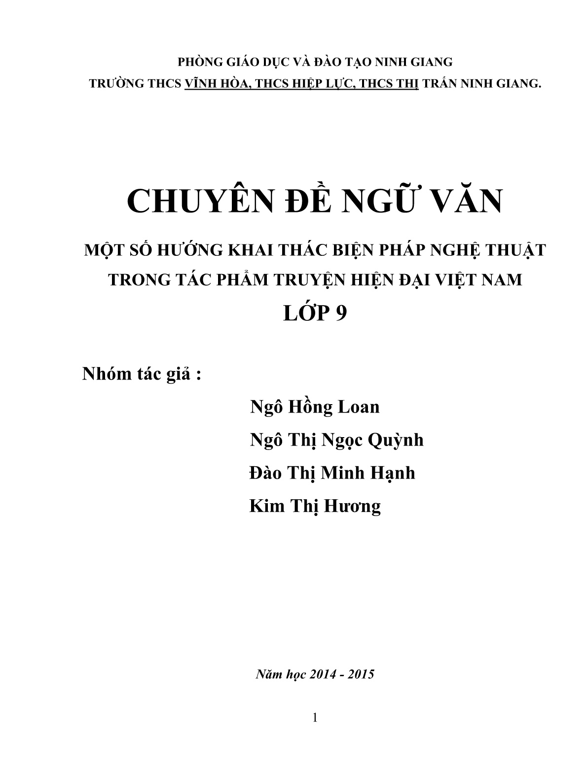 Chuyên đề Một số hướng khai thác biện pháp nghệ thuật trong tác phẩm truyện hiện đại Việt Nam Lớp 9 trang 1