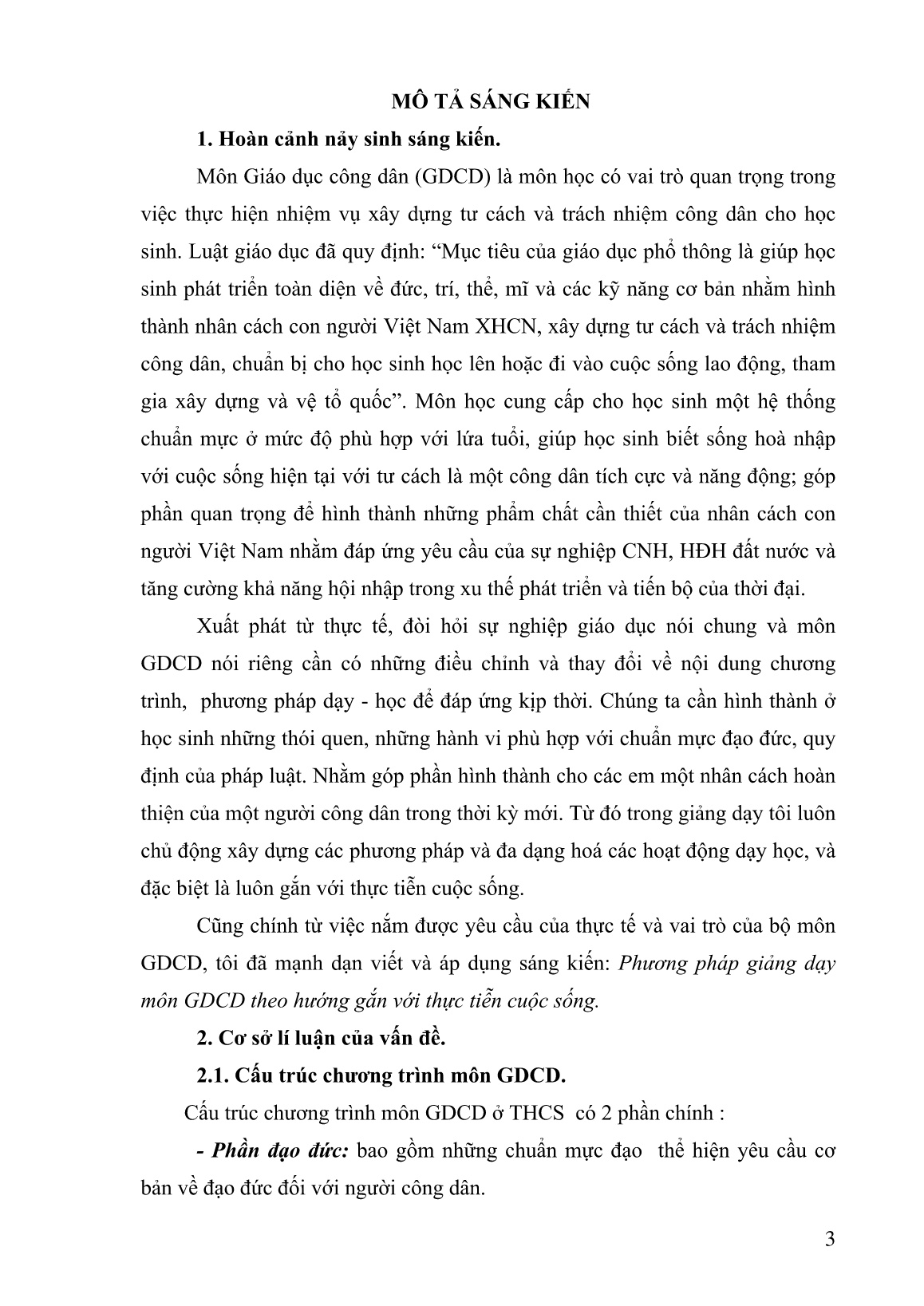 SKKN Phương pháp giảng dạy môn giáo dục công dân theo hướng gắn với thực tiễn cuộc sống trang 4