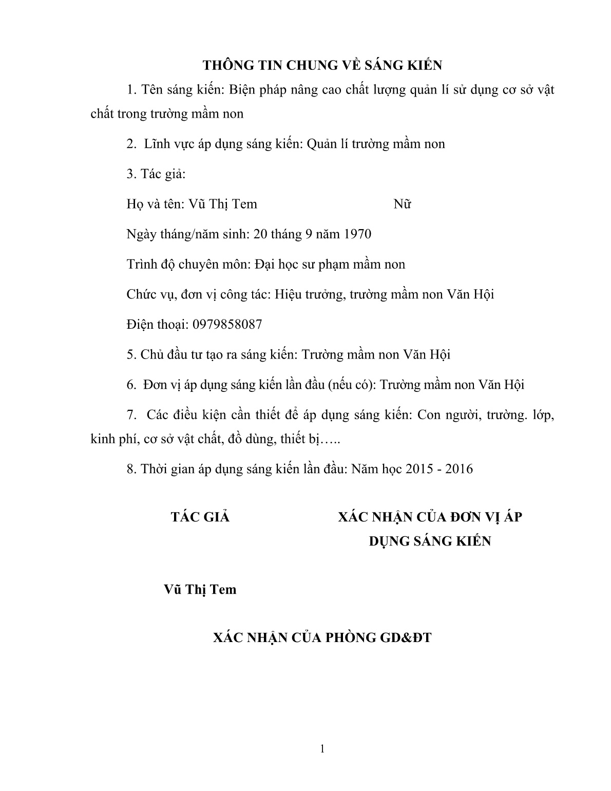 SKKN Biện pháp nâng cao chất lượng quản lí sử dụng cơ sở vật chất trong Trường Mầm non trang 1