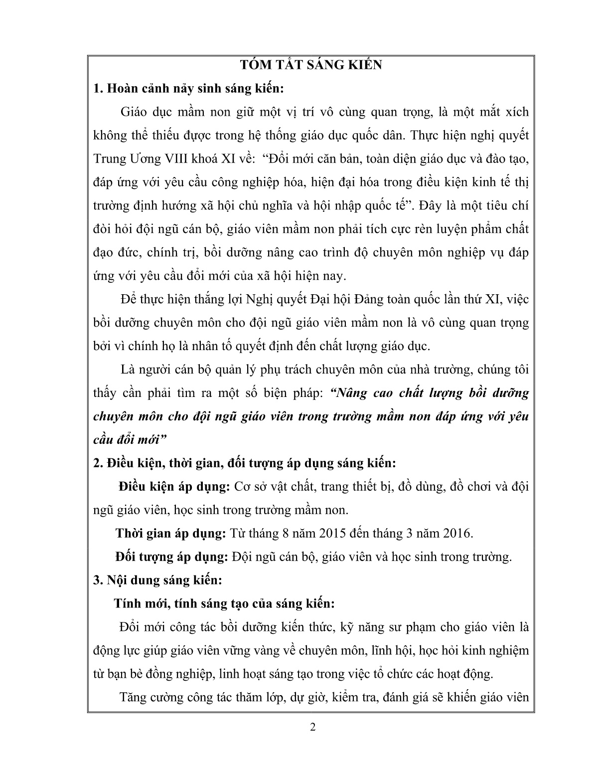 SKKN Nâng cao chất lượng bồi dưỡng chuyên môn cho đội ngũ giáo viên trong Trường Mầm non đáp ứng yêu cầu đổi mới trang 2