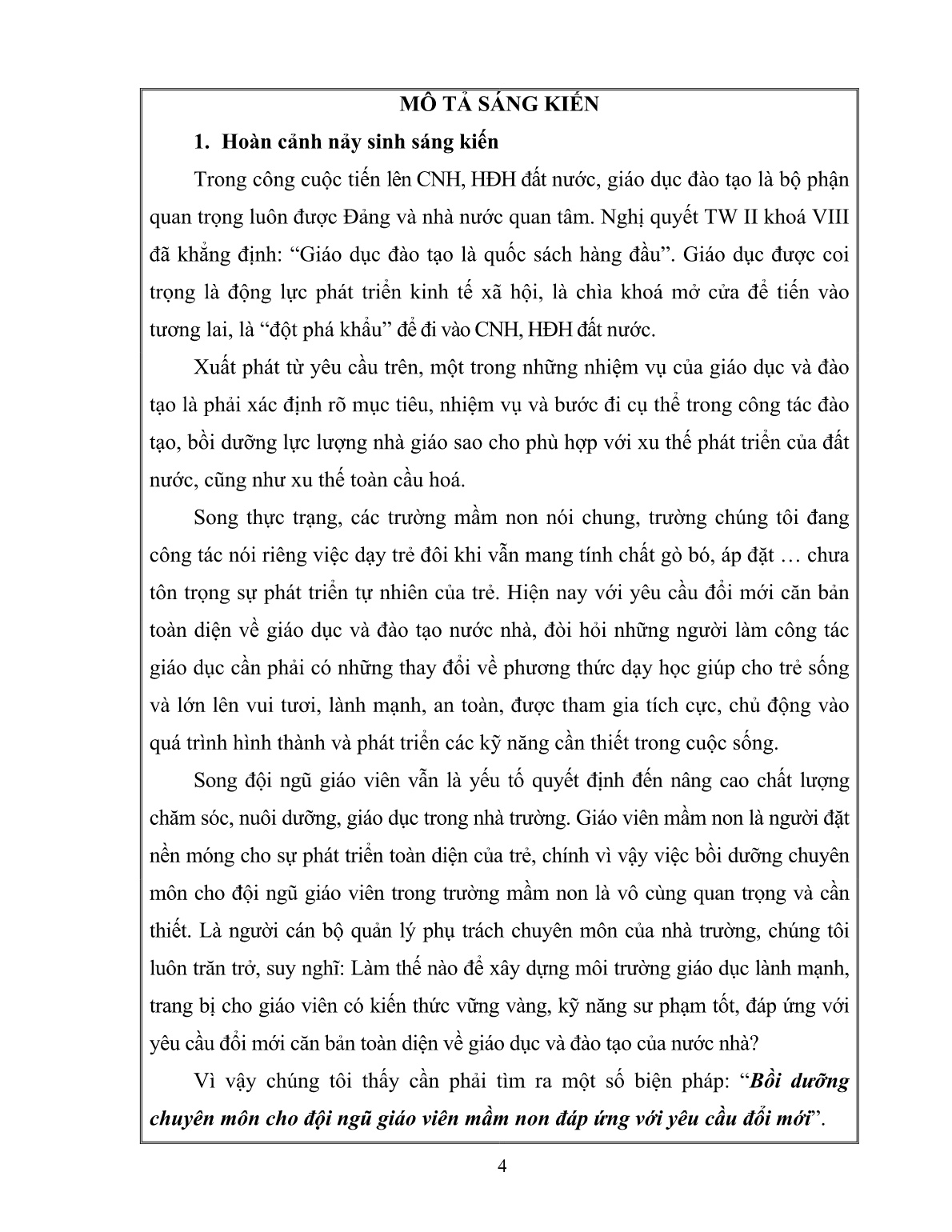 SKKN Nâng cao chất lượng bồi dưỡng chuyên môn cho đội ngũ giáo viên trong Trường Mầm non đáp ứng yêu cầu đổi mới trang 4