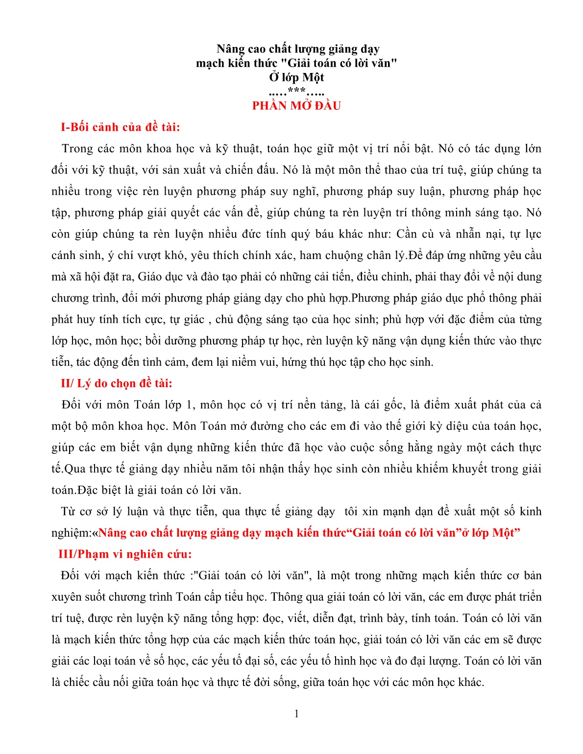Skkn Nâng cao chất lượng giảng dạy mạch kiến thức Giải toán có lời văn ở Lớp Một trang 1