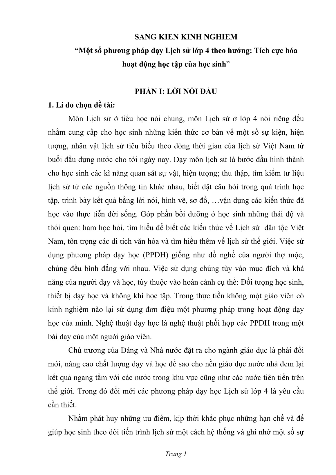 SKKN Một số phương pháp dạy Lịch sử Lớp 4 theo hướng: Tích cực hóa hoạt động học tập của học sinh trang 1