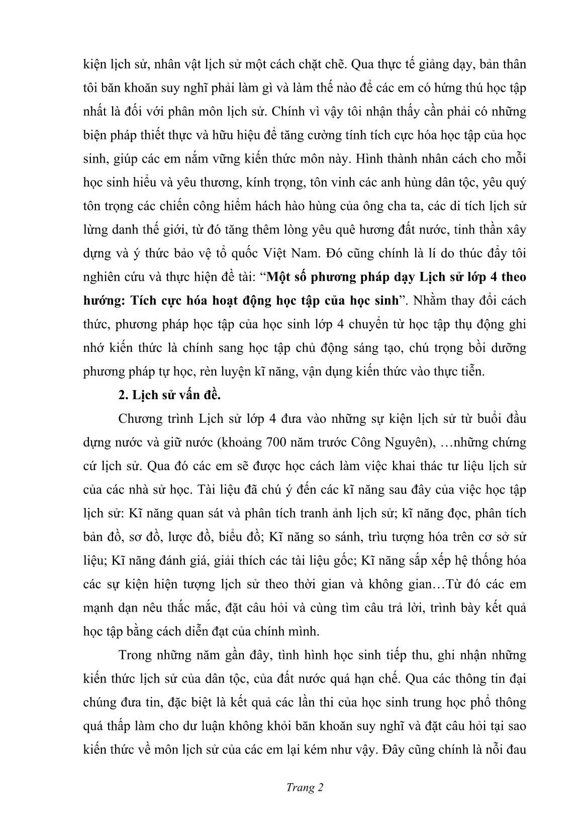 SKKN Một số phương pháp dạy Lịch sử Lớp 4 theo hướng: Tích cực hóa hoạt động học tập của học sinh trang 2