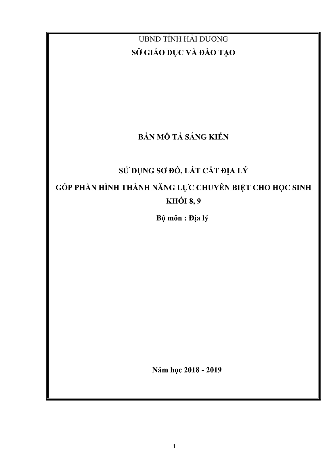 SKKN Sử dụng sơ đồ, lát cắt Địa lí góp phần hình thành năng lực chuyên biệt cho học sinh Khối 8, 9 trang 1